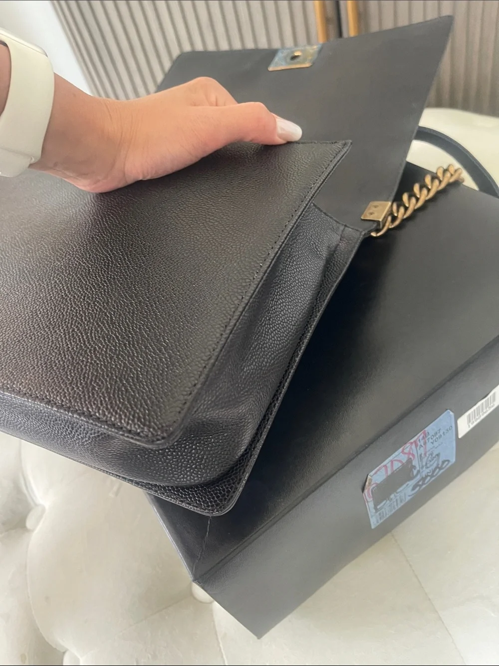 CHANEL Black Quilted Caviar Leather Boy Chanel Bag with Gold Hardware